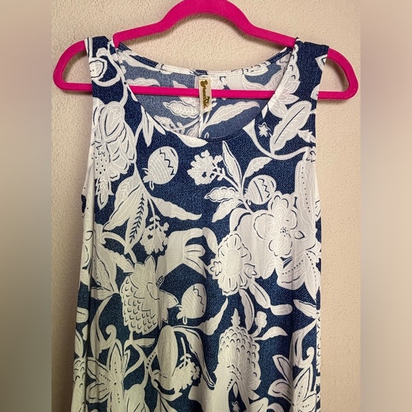 Shoreline Blue & White Hawaiian Floral Puff Print Stretch Maxi Tank Dress L - Picture 4 of 10